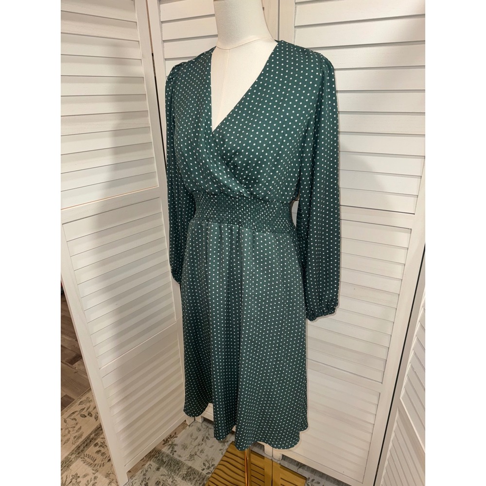 Draper James RSVP Midi Dress Womens Small Green Polka Dot Smocked Waist V-Neck S - Picture 4 of 7